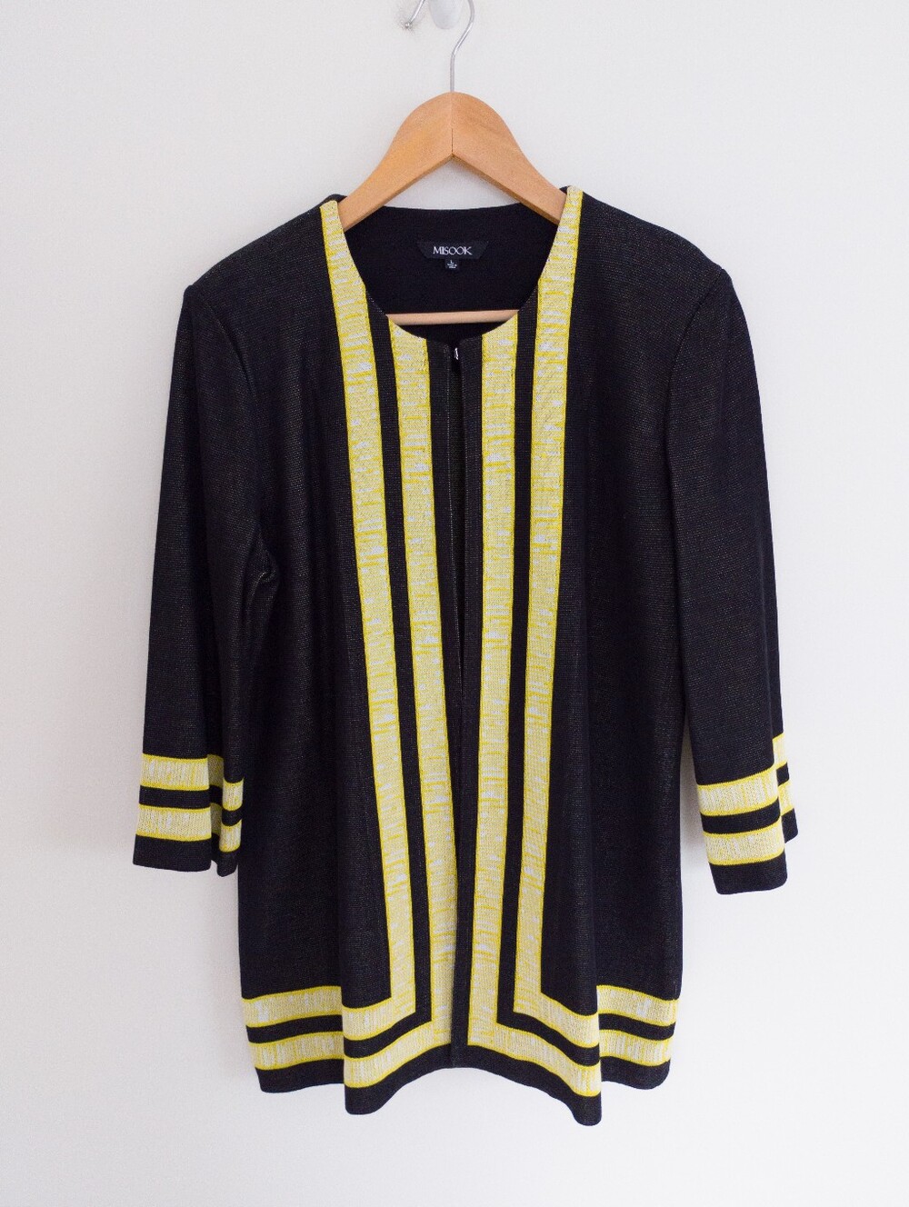 Misook Black Yellow Contrast Trim Open Front Knit Jacket Cardigan Large